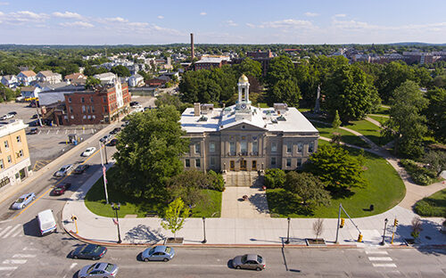 Waltham MA city hall and surrounding businesses