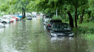 Flooded cars on a city street.