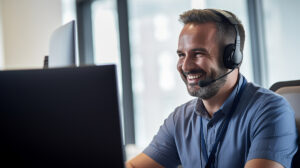 A smiling IT specialist with a headset on.